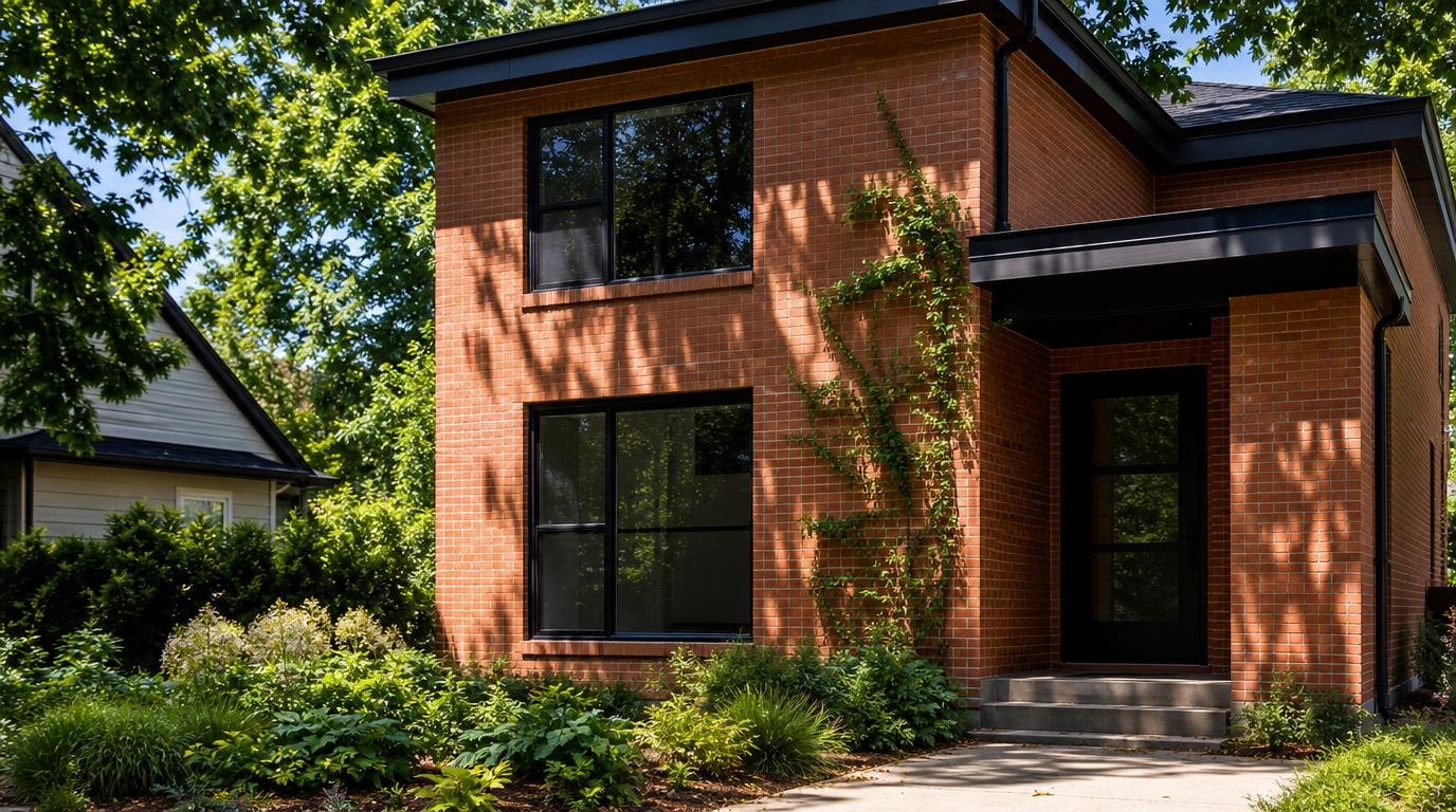 Red brick, a black steel window frame and a climbing vine in bright raking sun