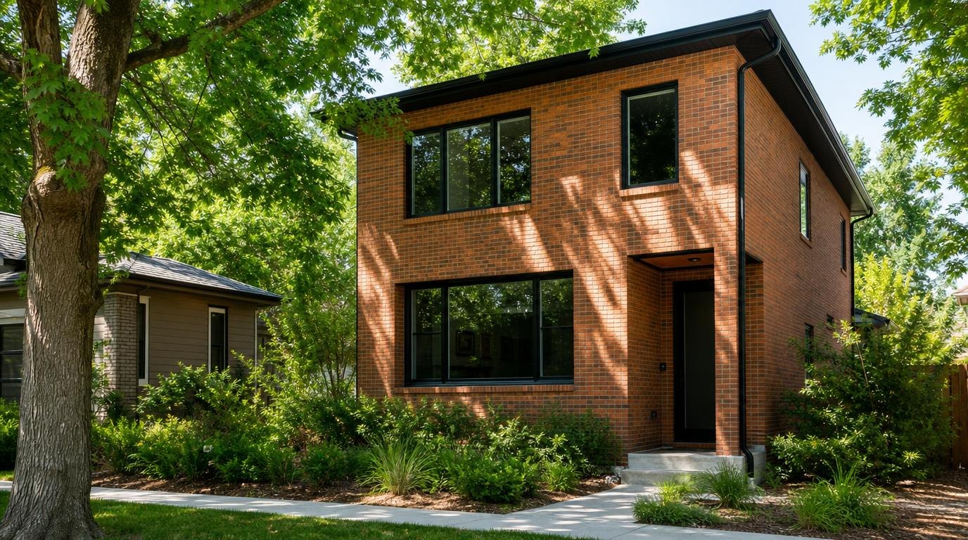 A two-story brick house with black steel windows behind mature trees in bright morning light