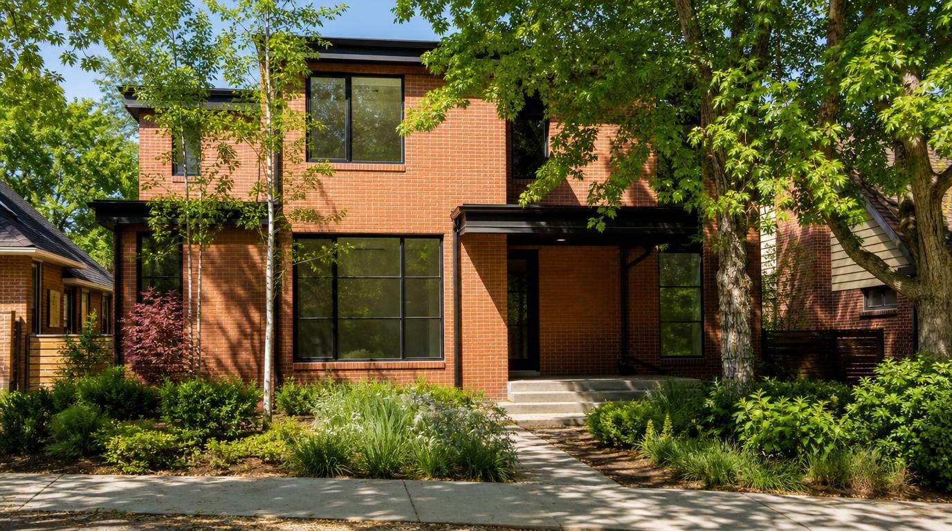 A brick home with black window frames and layered front-yard planting in summer sun