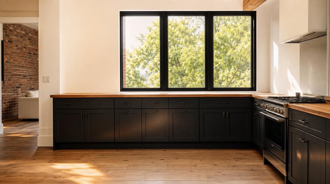 A bright kitchen in morning sun, matte black cabinetry, timber counter and a window full of green foliage