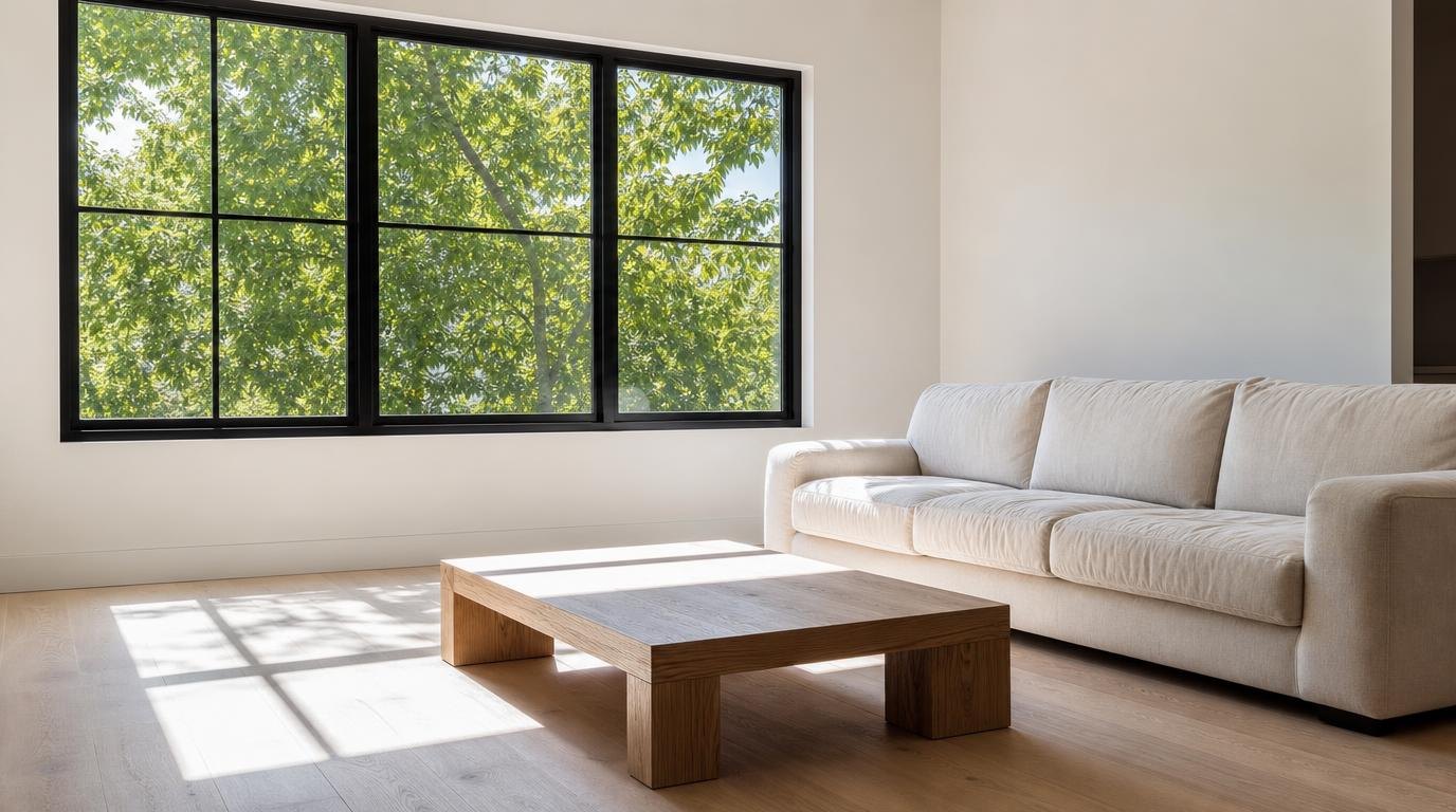 A sunlit living room with a black-framed window full of green leaves, sun across a pale timber floor