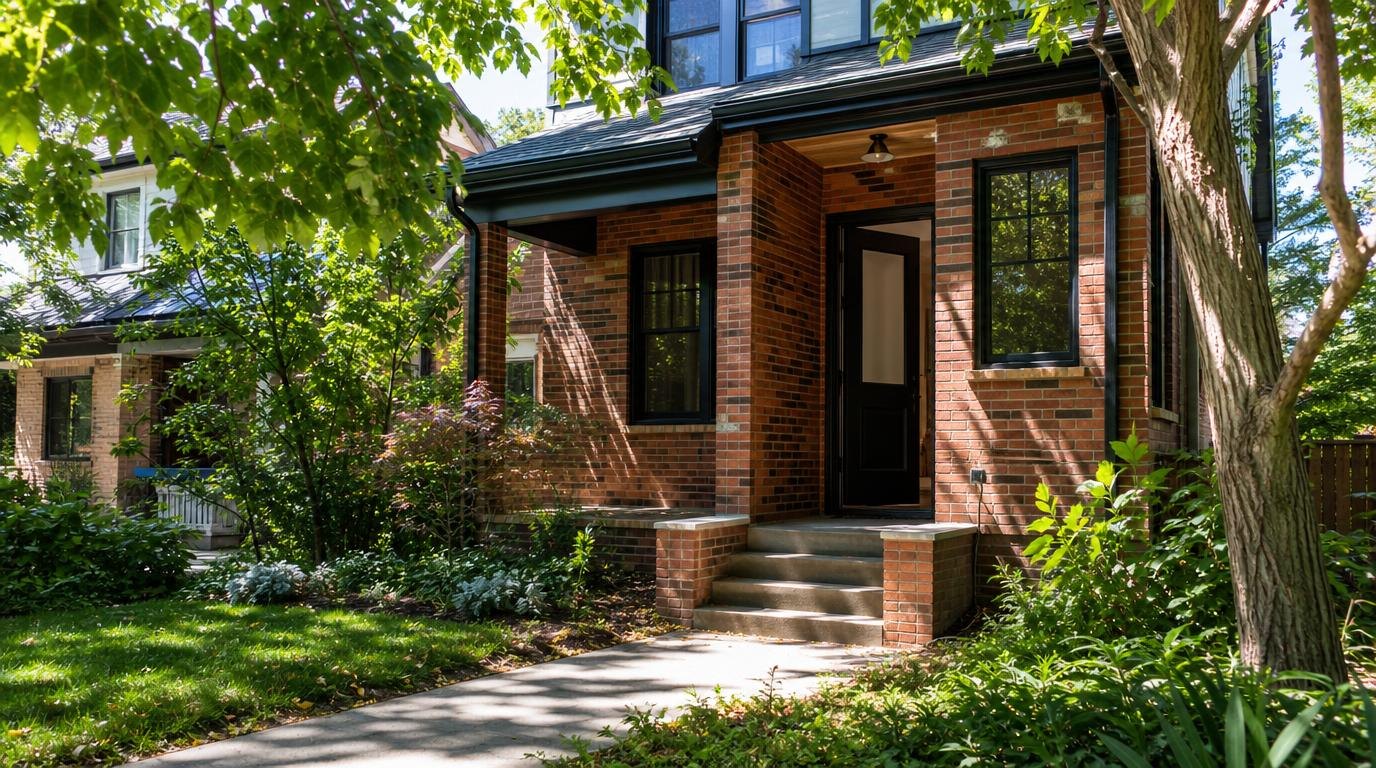 A brick front porch in daylight, black front door standing open, leaf shadow across the floor