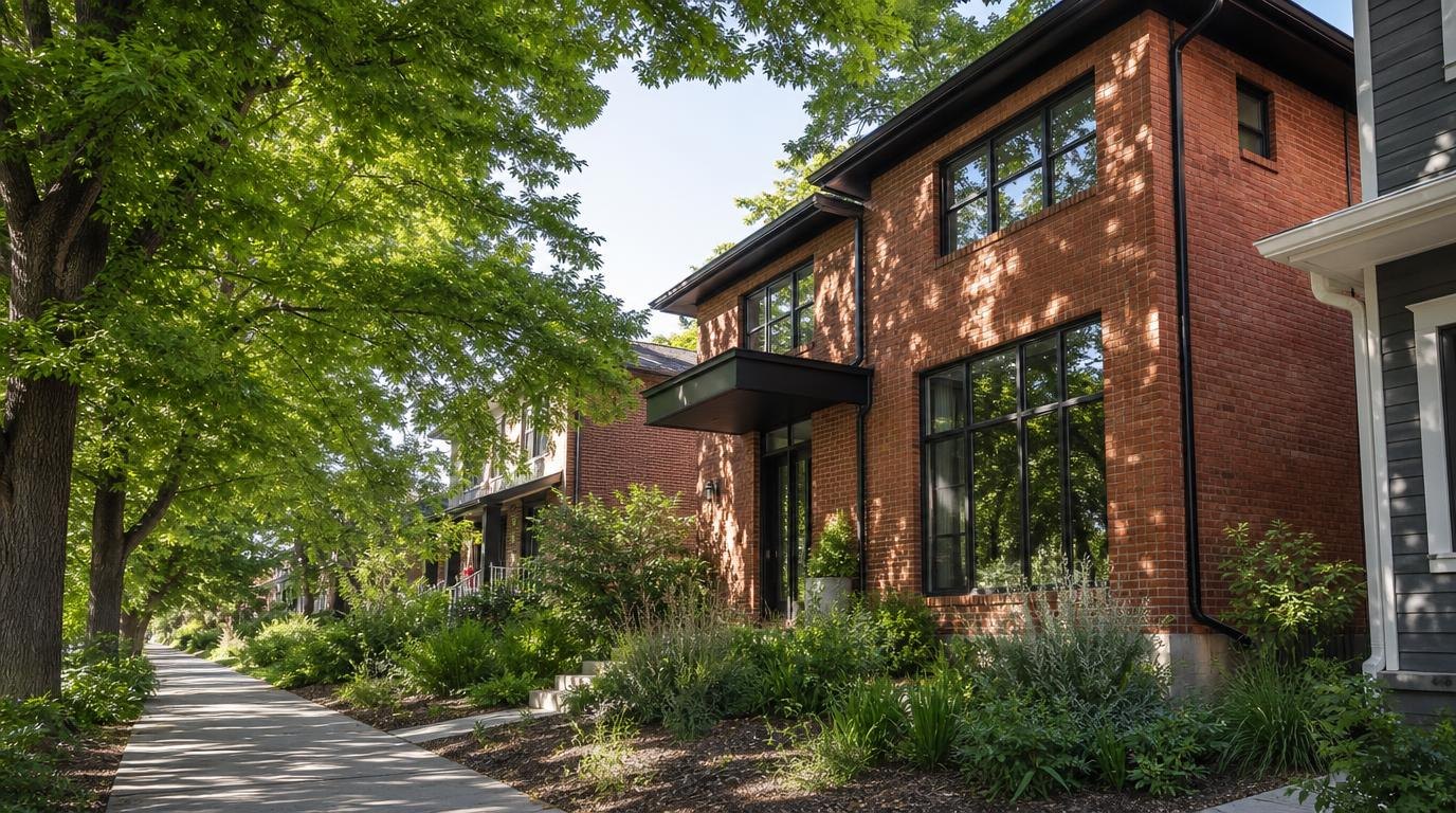 A Denver street in summer, brick homes with black window frames under a green tree canopy