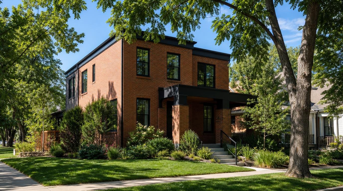 A brick corner house with black trim seen across its green front yard in late morning sun