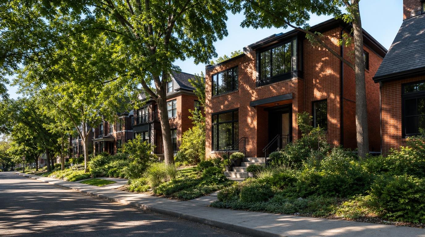 A Denver block in summer, brick homes with black window frames under a green tree canopy, morning sun down the street