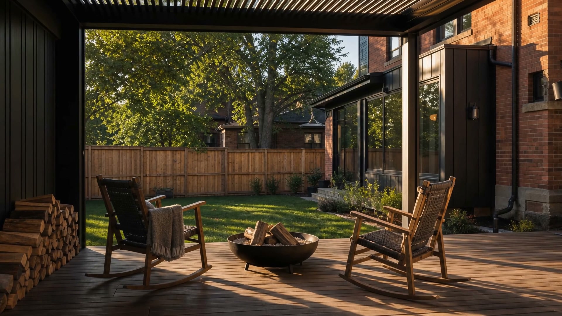 A covered rear deck of a Denver brick home in late afternoon sun, steam rising from a spa set into the timber decking