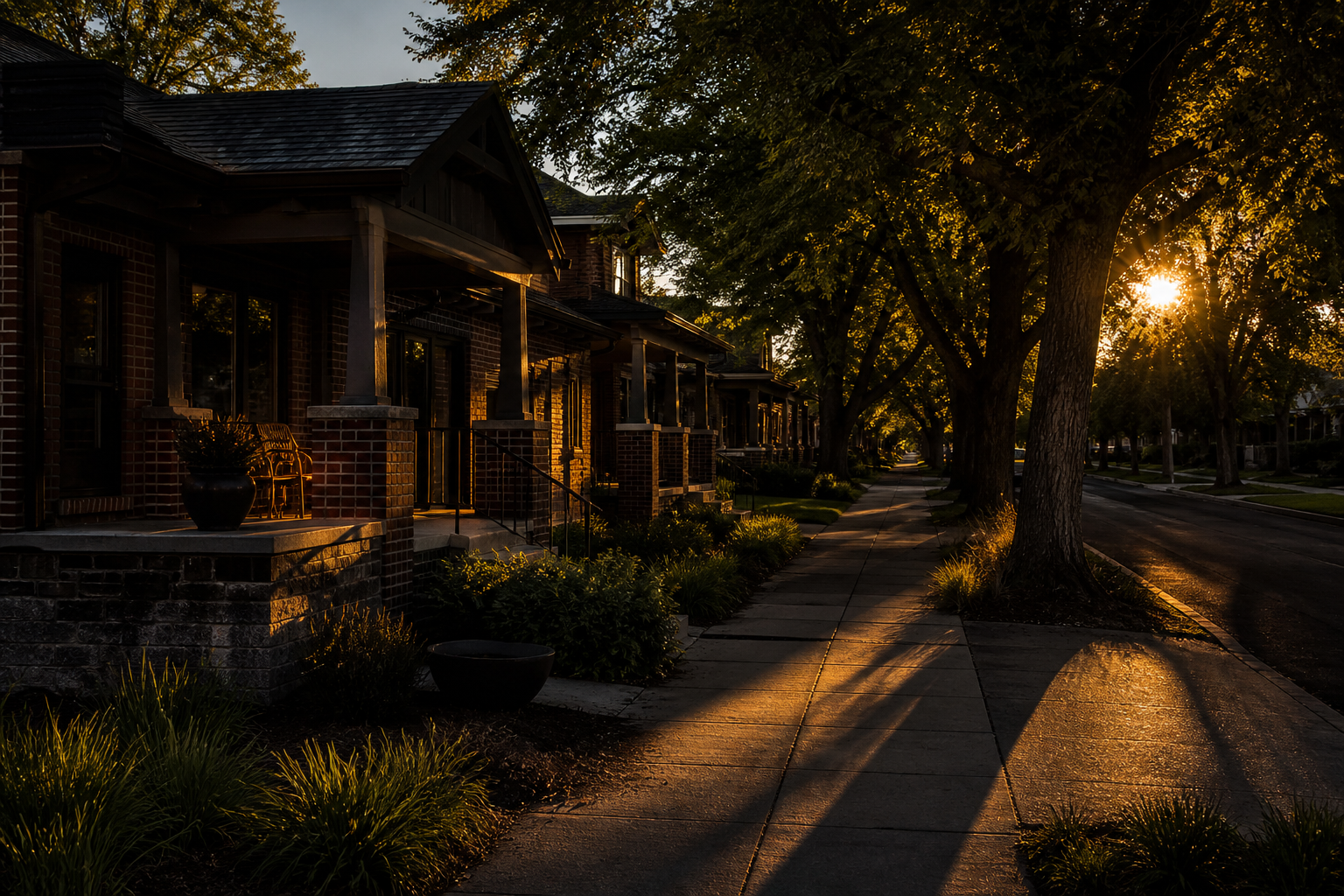 A Denver street of brick homes with long shadows in late afternoon sun