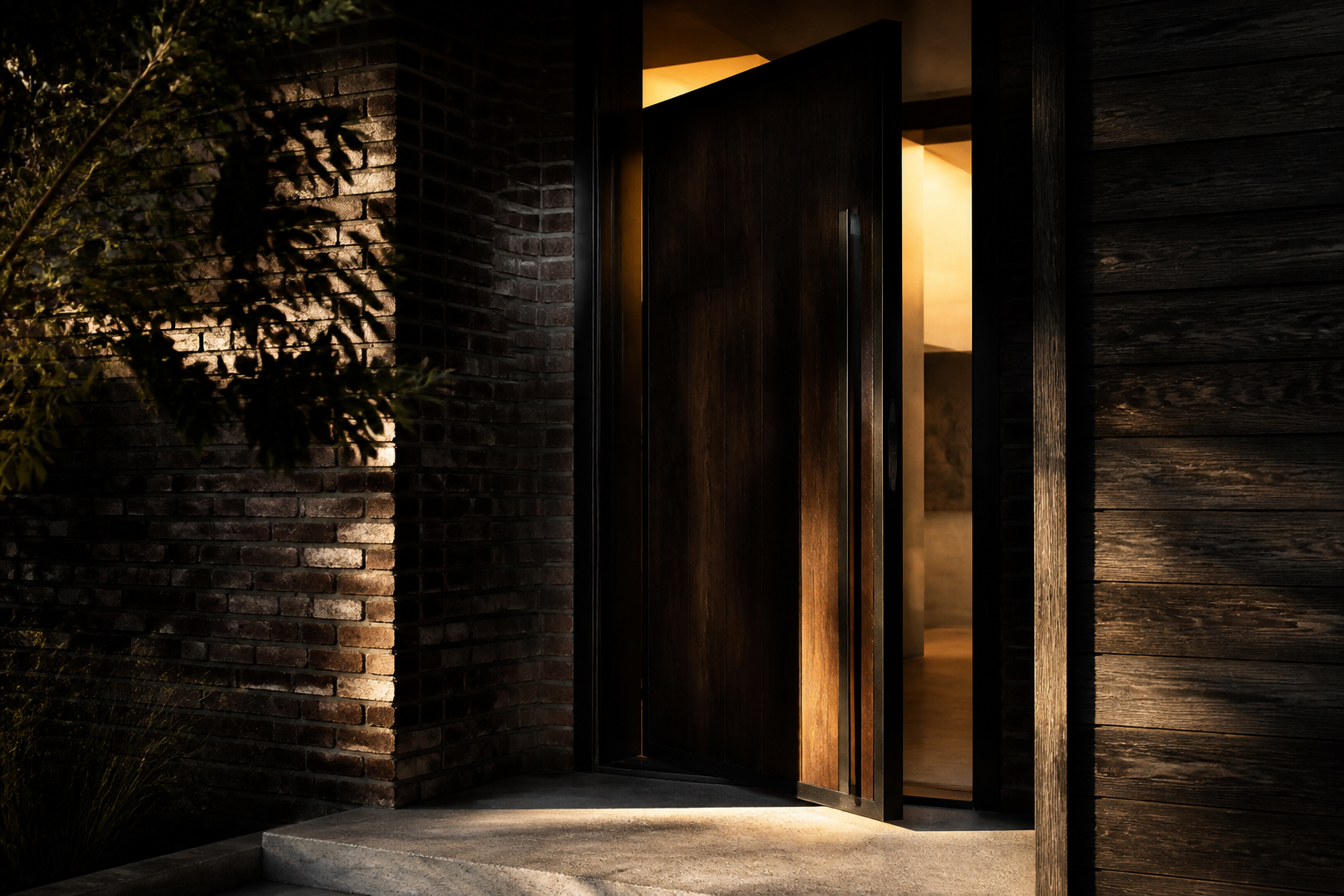 A timber front door standing open with warm light across the step