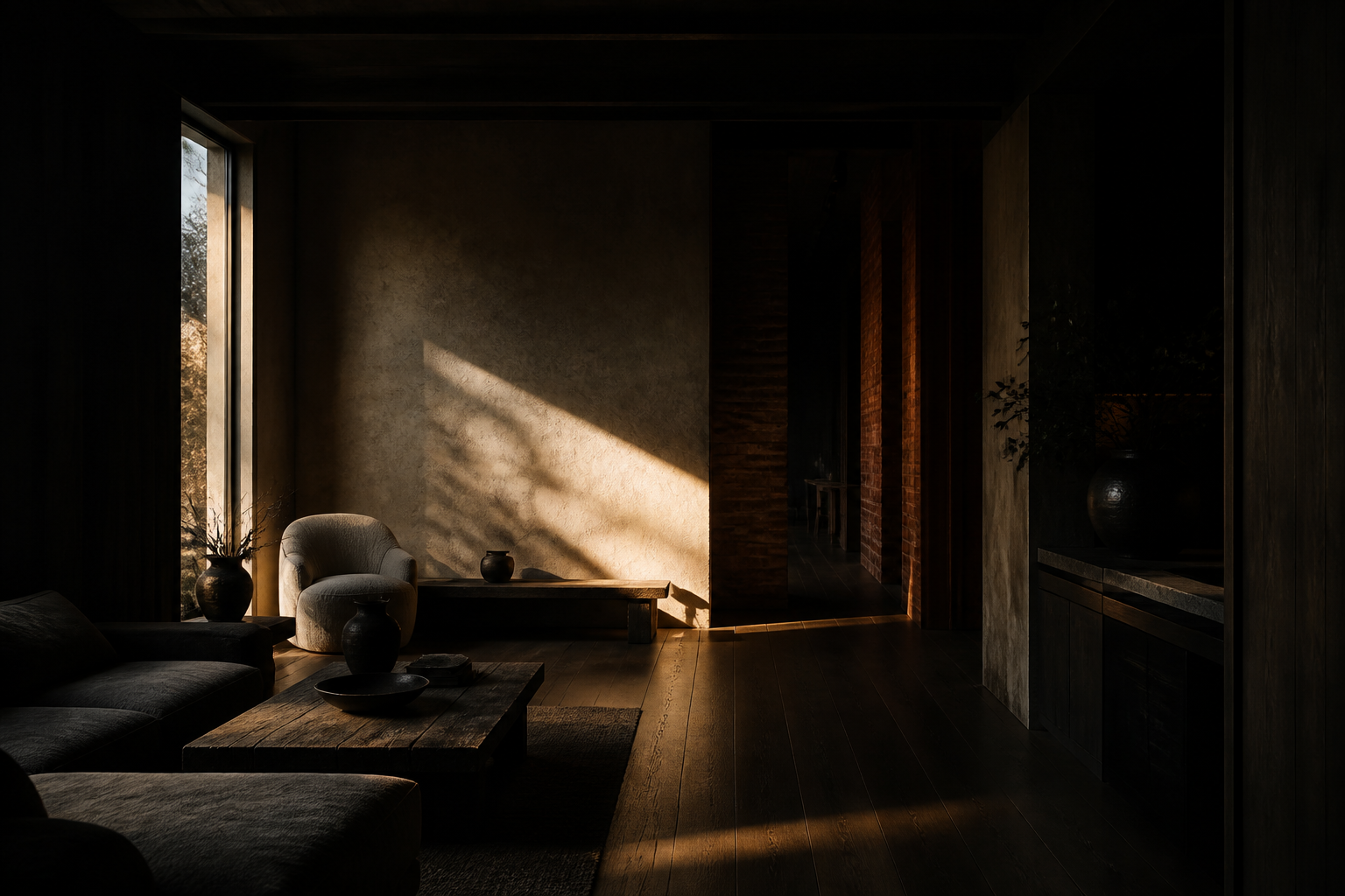 Late afternoon light across a timber floor and a plaster wall