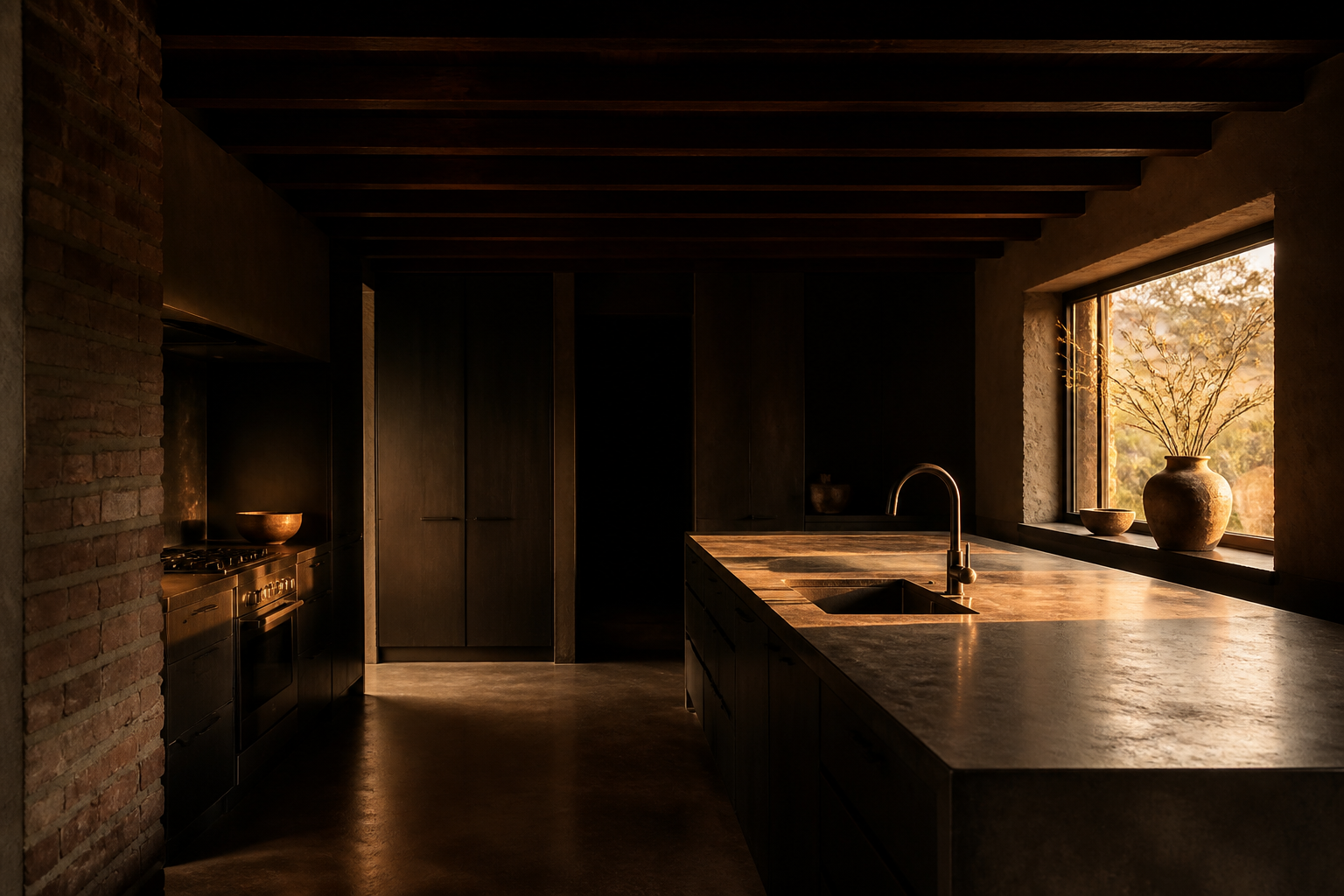 A kitchen at golden hour, dark cabinetry and a stone counter